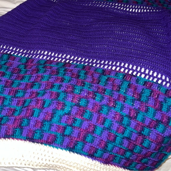 Handmade Crochet Purple, Green & Cream Retro Throw Blanket - Picture 5 of 9